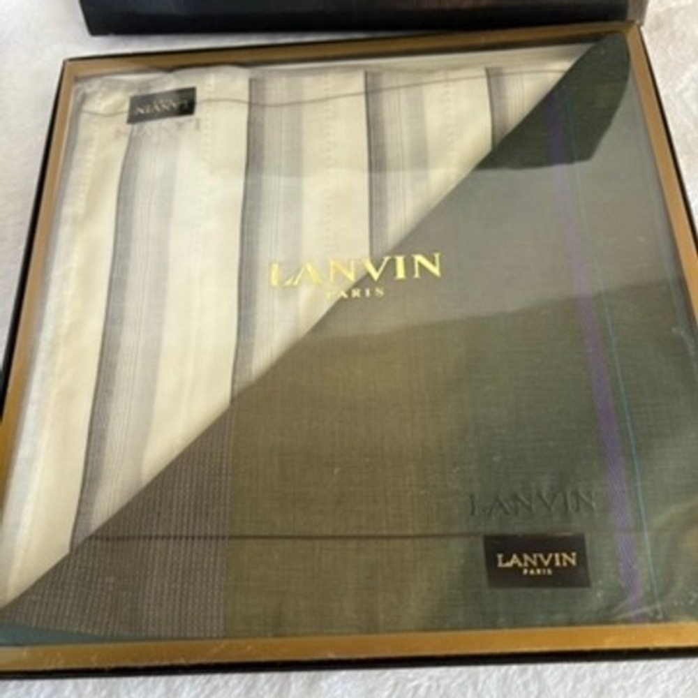 Lanvin Scarf Handkerchief Striped Plaid Green Cream Pocket Square Boxed